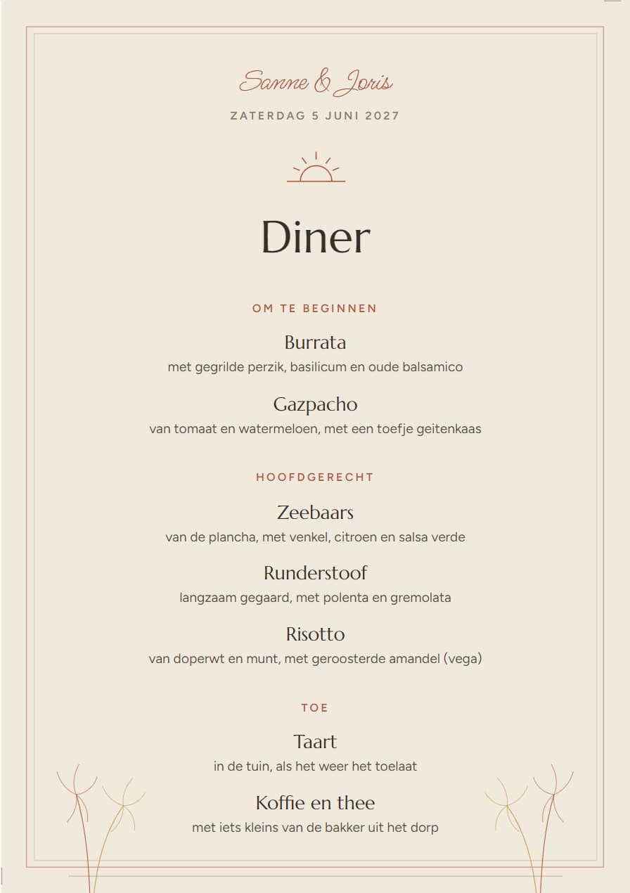Menukaart in het thema Bohemian Chic