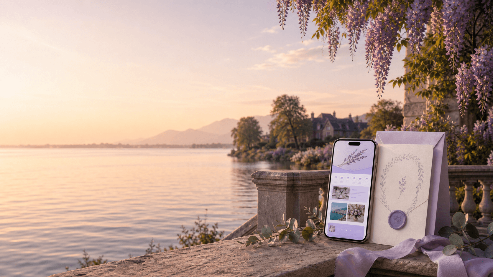 Digitale trouwuitnodiging op een telefoon met bijpassende kaart aan een romantisch meer